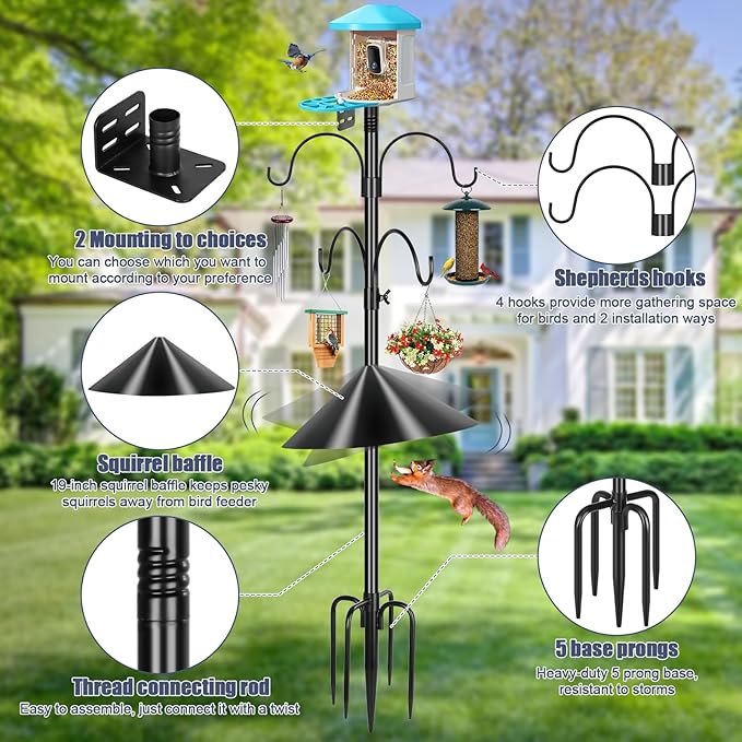 Gtongoko Smart Bird Feeder Pole Squirrel Proof 1-Inch Dia 94 Inch with 4 Shepherds Hooks Hanging Bluebird House Pole for Outdoors Squirrel Baffles for Feeders Metal Heavy Duty Mounting Kit