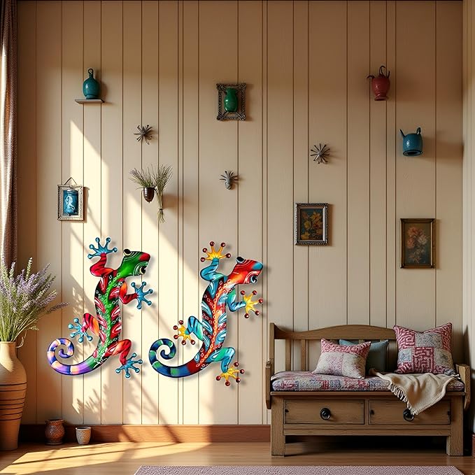 Set of 2 Large Metal Gecko Wall Decor, Outdoor Lizard Wall Art Upgrade Handmade Hanging Sculpture Decoration for Indoor Outdoor Home Garden Yard Fence Patio (2PC Large Gecko)