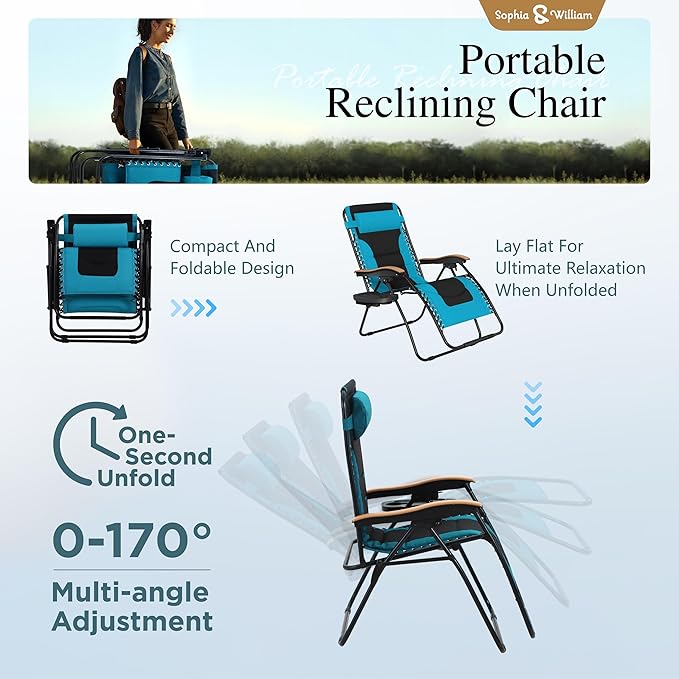 Sophia & William Oversized XXL Zero Gravity Chair, Padded Recliner Outdoor Gravity Chair with Free Cup Holder, Supports 400 LBS (Aqua)
