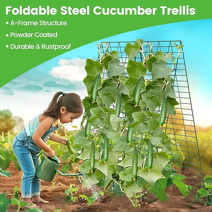 Foldable Cucumber Trellis 2 Pack, 48" L x 34" W A-Frame Trellis, Climbing Plants Support Raised Bed Trellis with Twist Ties & Plant Bags for Outdoor Yards Gardens