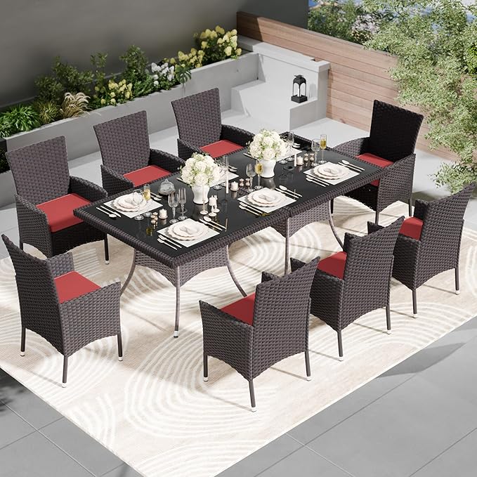 Kullavik 10-Piece Outdoor Dining Set Patio Rattan Furniture Set,Patio Dining Table and Chairs Set with 8 Chairs and Cushions,Square Glass Tabletop with Umbrella Hole for Patio,Red