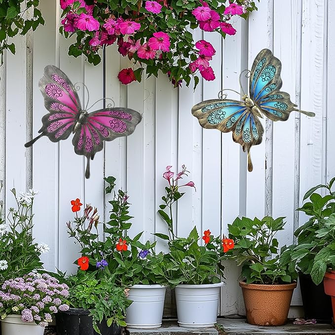 LIFFY Metal Butterfly Wall Decor,2Pack 12" Glass Butterfly Outdoor Wall Art Sculptures,Hanging Garden Decor Outside for Home,Yard,Fence,Patio