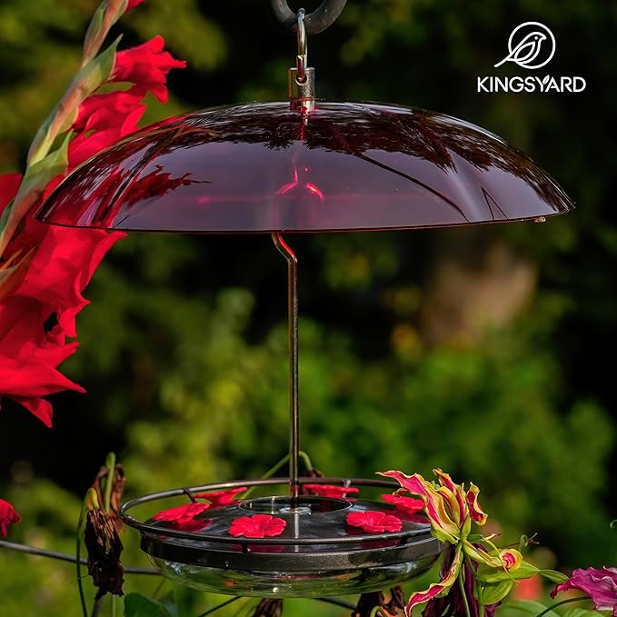 Kingsyard Weatherproof Hummingbird Feeder for Outdoors Hanging - Heavy Duty Metal lid with 6 bee Guard Feeding Ports & Circular Perch, Built-in Ant Moat, Easy to Refill & Clean (12oz/Black)