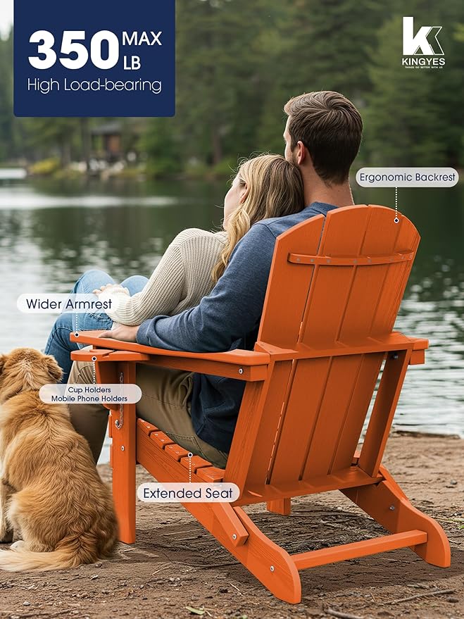 KINGYES Folding Adirondack Chair with Dual Cup Holders - HDPE All-Weather Outdoor Chairs, Wood-Like Patio Chair for Backyard, Camping, Pool & Fire Pit, Orange