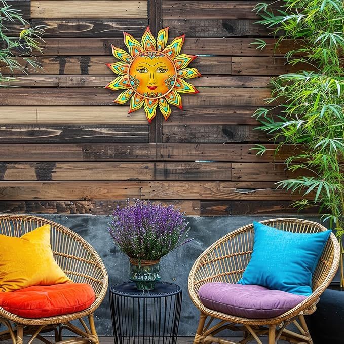 Metal Sun Flower Wall Decor - 13 inches Sun Wall Art Hanging Decorations for Outdoor, Home Garden Yard Patio Fence Bedroom Decor, Gifts for Mom Friends