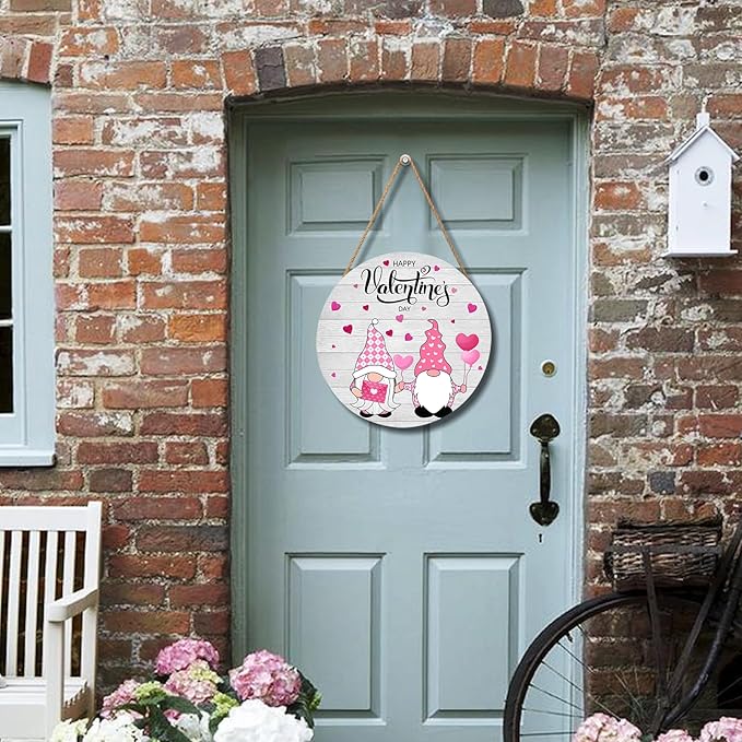 Happy Valentine's Day Sign, Valentines Day Door Decor Wood Plaque 12 X 12 Inch Gnome Valentine Sign Round Valentines Day Welcome Sign For Front Door Porch Yard Valentines Decorations