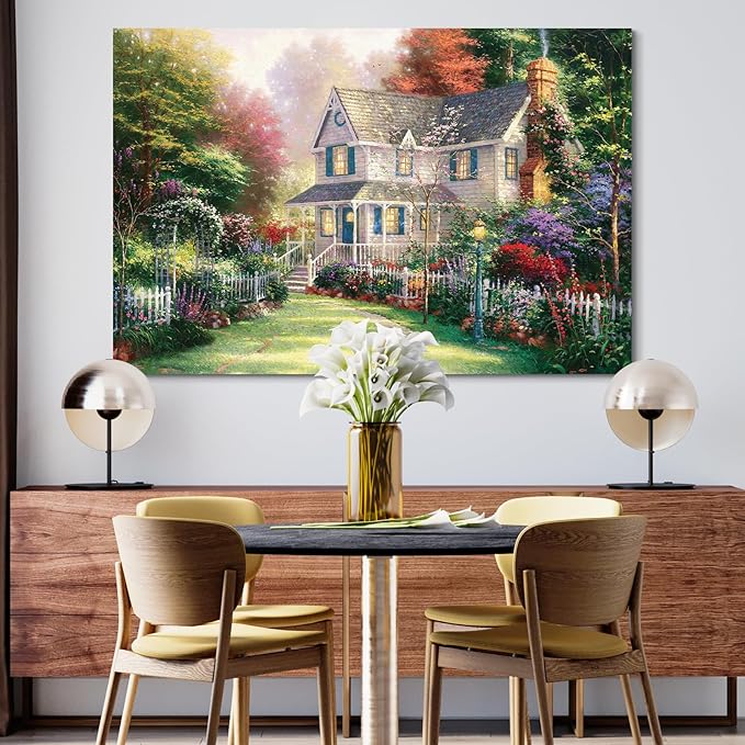 STUDIO HAVEN Thomas Kinkade Canvas Wall Art, White Cottage Sunlit Country Lush Flower Garden Fence and Charming Vibe Oil Painting Poster Rustic Wall Decor, Framed Prints for Home Decor, 48x32Inch