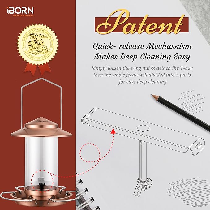 iBorn Bird Feeder Metal Squirrel Chew-Proof Bird Feeders for Outdoors Hanging Outside for Cardinal, Holds 1.5LB Seed with 3 Perchs, Brushed Copper (Seed is not Included)