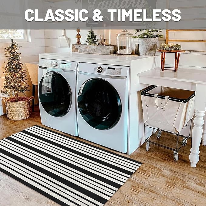 IOHOUZE Black and White Striped Rug 2.3'x3.6' Front Door Rugs Outdoor, Small Washable Area Rug for Front Porch, Spring Summer Doormats Outdoor Indoor, Cotton Rugs for Entryway Porch Entrance