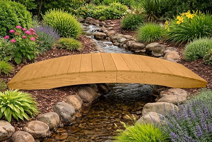 8 FT Oak Amish Made Pinewood Heavy Duty Garden Bridge for Walkway, Backyard Pond & Landscaping, Outdoor Wooden Footbridge for Koi Pond, Japanese Style Decorative Bridge, Made in USA