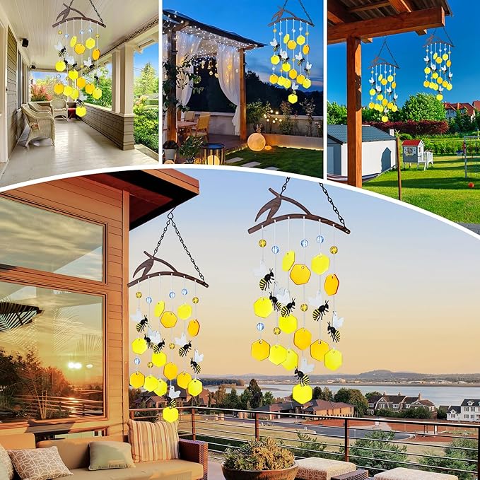 X-PREK 23" Bees Wind Chimes for Outside, Unique Stained Glass Wind Chimes Garden Decor, Windchimes Outdoors Suncatcher Gift for Women, Mom, Grandma, Unisex