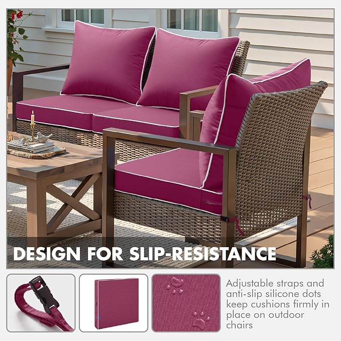 MIULEE Hot Pink Outdoor Seat Cushion 24x24 Inch Waterproof & 3 Year Fade Resistant Deep Seat and Back Cushion for Patio Furniture Chair Sofa Couch with Handle and Adjustable Straps