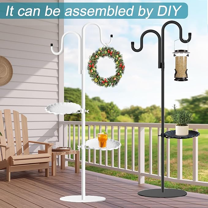 Upgraded 74" Shepherd's Hook Stand plant，Bird Feeder，White Wind Chime Hanger Stand, Waterproof Metal & Adjustable-Height Standing Pole Holder for Wreath, Indoor & Outdoor（2 Placement Racks