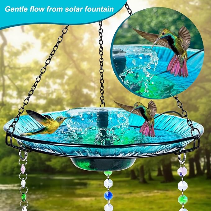 Hummingbird Feeder and Bird Bath for Outdoors 2-in-1 for Small Birds - Hummingbird Bath Fountain with 3 Red Feeder Pots - Hanging Solar Bird Bath Fountains NY1-FN04