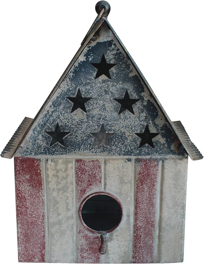 CVHOMEDECO. Rustic Vintage Metal Garden Birdhouse American Flag Design Single Roof Hanging Bird House for Outside