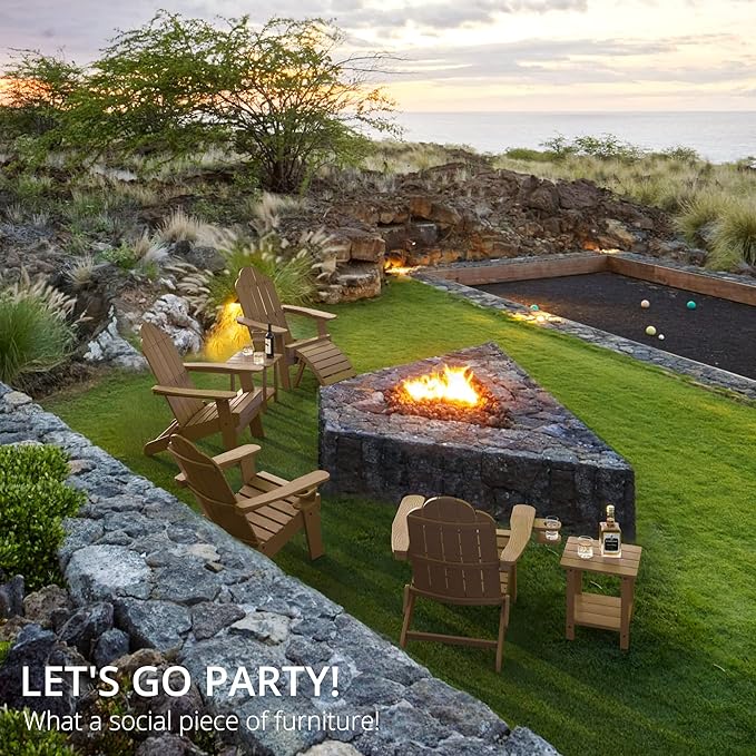 LUE BONA Folding Adirondack Chair Set of 4, Brown HDPS Weather Resistant Outdoor Chair with Cup Holder for Patio Fire Pit Campground