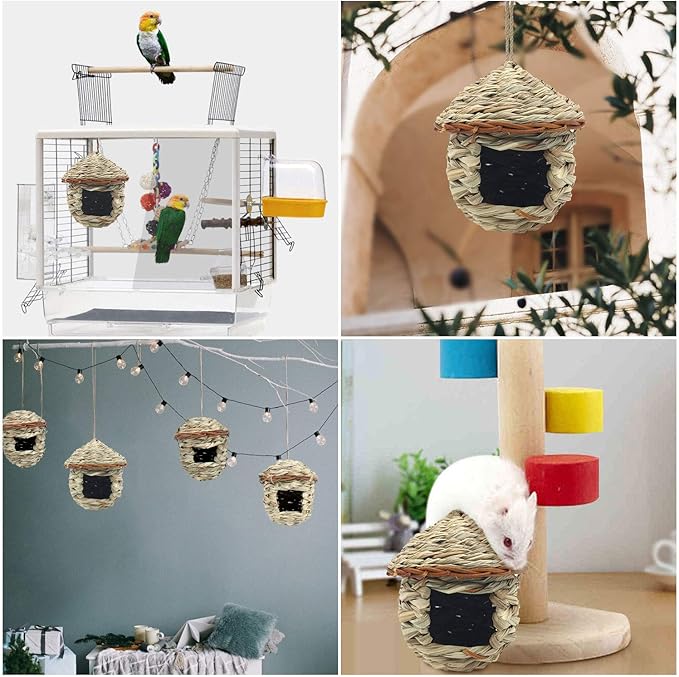 3 Pack Hummingbird House, Hand Woven Bird Nest for Outdoors Hanging, Small Grass Bird Houses for Outside, Natural Fiber Bird Hut Roosting Pocket for Finch Canary Chickadee