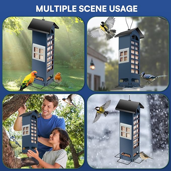 Squirrel Proof Bird Feeder,Metal Mesh Hanging Outdoor Bird Feeders with Weight Activated 2LB Capacity for Finch, Cardinal, Chickadee and Blue Jay-Blue