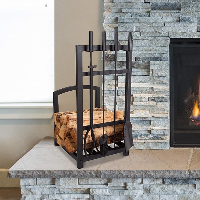 5-Piece Fireplace Tool Set and Log Rack - Mission-Style Firewood Holder with Shovel, Broom, Tongs, and Poker for Hearth by Lavish Home (Matte Black)