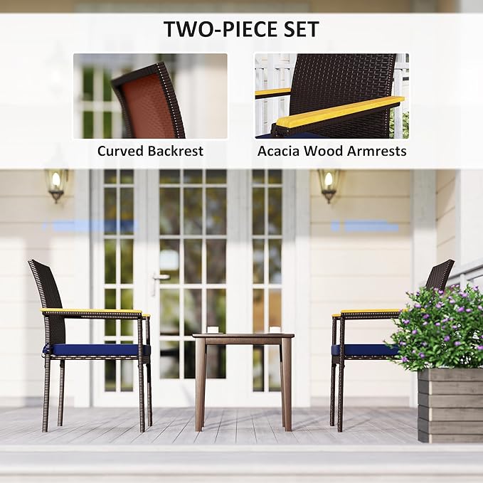 Outsunny Wicker Outdoor Dining Chairs Set of 2, Stackable PE Rattan Patio Dining Chairs with Cushions and Acacia Wood Armrests for Deck, Garden, 353 LBS Capacity, Navy Blue