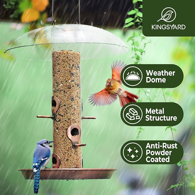 Kingsyard Metal Bird Feeders for Outdoors Hanging, Wild Bird Feeder with Large 11.5" Protective Dome and 8" Removable Tray, 3 lb Seeds Capacity (Antique Copper)