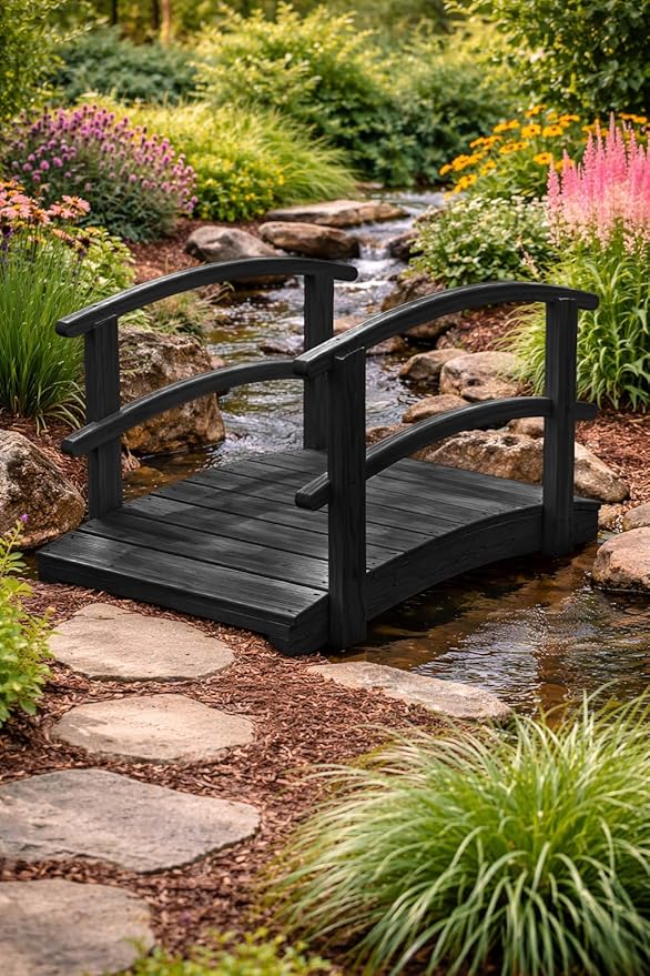 4 FT Black Amish Made Garden Bridge with Double Rails for Walkway, Backyard Pond & Landscaping, Outdoor Wooden Footbridge for Koi Pond, Japanese Style Decorative Bridge, Made in USA