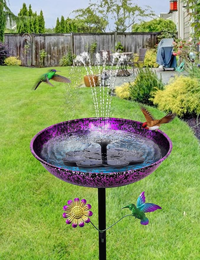 Bird Bath for Outside, 11 Inch Colorful Purple&Blue Metal Birdbath Bowl Decorated Hummingbird Flower Freestanding Garden Bird Bath Feeder Outdoor Decor Yard Art