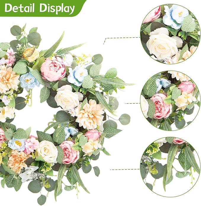 Honnesserry Spring Wreath for Front Door, Large Door Wreath for Home Decoration, 24IN Farmhouse Summer Eucalyptus Wreaths for Decor