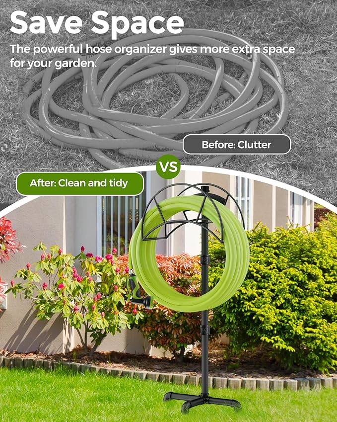LAND·VOI Hose Holder, Garden Hose Holder Freestanding, Metal Heavy Duty Water Hose Holder Holds 150 Feet Hose, Detachable Hose Storage Hanger for Outside with 3 Spikes, for Lawn Yard, Black GHH01B