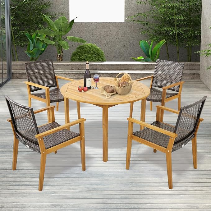 Tangkula 5 Pieces Patio Dining Set, 4 Patio Wicker Armchairs and Round Acacia Wood Dining Table, Outdoor Table and Chairs Set for Backyard, Poolside, Garden
