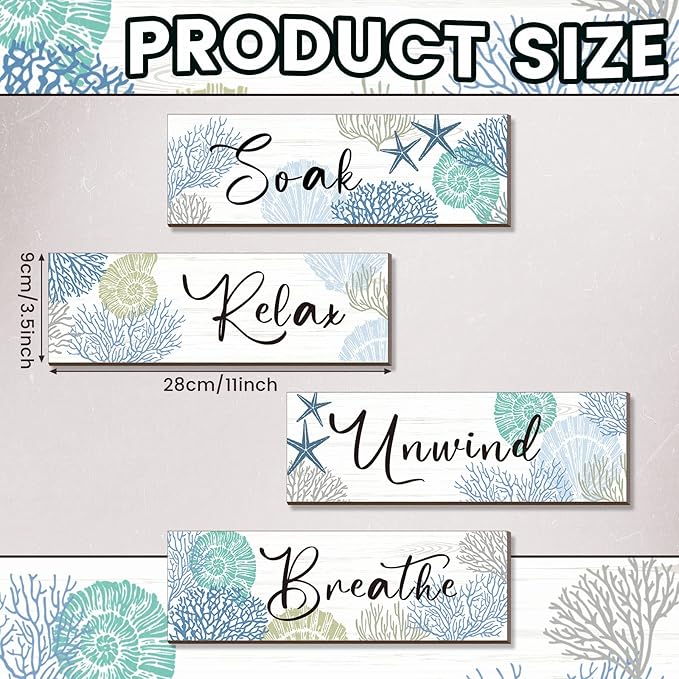 Pinkunn 4 Pcs 11 x 3.5 Inches Ocean Beach Bathroom Wall Decor Coastal Bathroom Decor Wood Relax Soak Unwind Breathe Wall Art Starfish Seashell Coral Nautical Art Rustic Farmhouse Wooden Signs