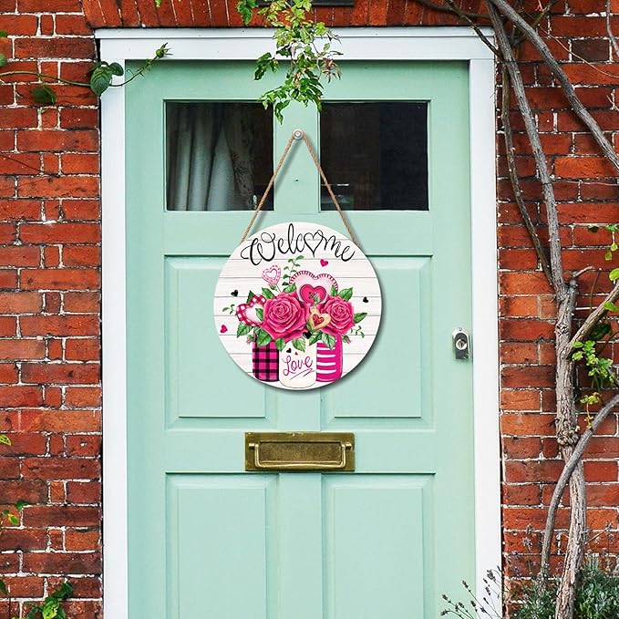 Welcome Valentine's Day Rose Flower Door Sign For Front Door Decor,Mason Jar Pink Love Heart Wooden Sign 12"x 12" Round Wood Hanging Door Sign Anniversary Wedding Decoration for Wall Rustic Decor