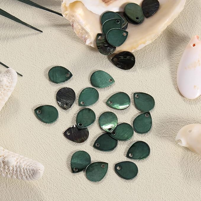 Firstmeet 60pcs Shell Beads Natural Mussel Shell Waterdrop-Shape Charm Beads with Iridescent Back for Handcraft Jewelry Making(DIY-1023-Garden Green-WD)