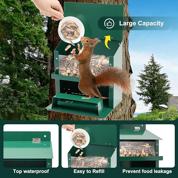 Squirrel Feeder, Metal Squirrel Feeder for Outside,Outdoors Chipmunk &Squirrel Picnic Bench Feeders Table,Stronger Than Wooden Structure,Easy to Install & Refill