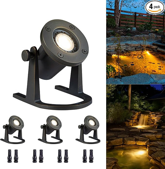 Gardenreet Brass Pond Light 12V - Low Voltage Underwater LED Fountain Lights, IP68 Waterproof Submersible Waterfall Lamp Wired, Outdoor Bronze for Swimming Pool Ponds MR16 Bulb Not Included(4 Pack)