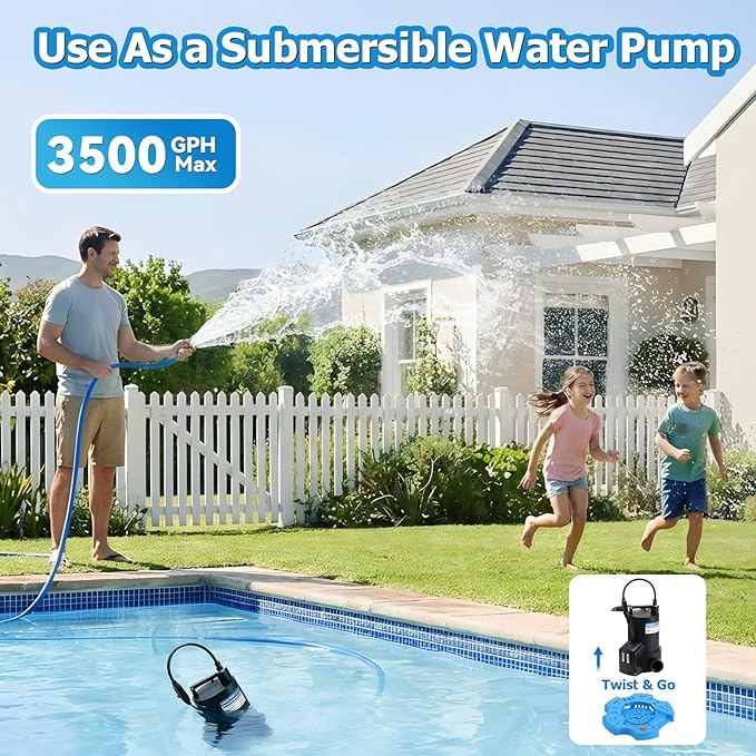 1/2HP Automatic Swimming Pool Cover Pump 3500GPH Submersible Water Pump with 3/4” Check Valve Adapter & 25ft Power Cord 110V Sump Pump for Swimming Pool Hot Tubs Pond Basement Rooftops