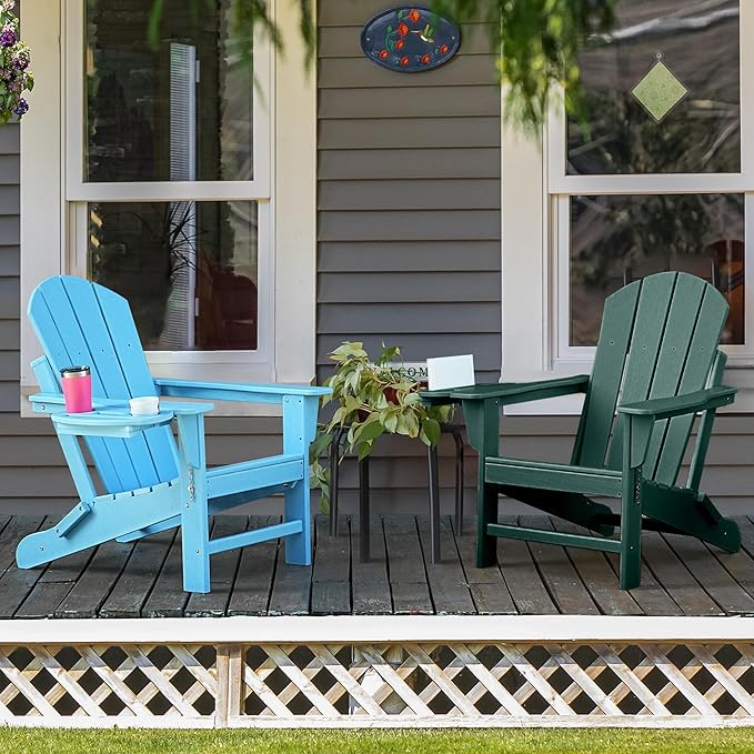 Adirondack Chair, HDPE Folding Adirondack Chair with Multifunctional Cup Holder, Weather Resistant Fire Pit Chair for porches, patios, patios, poolsides, Decks.