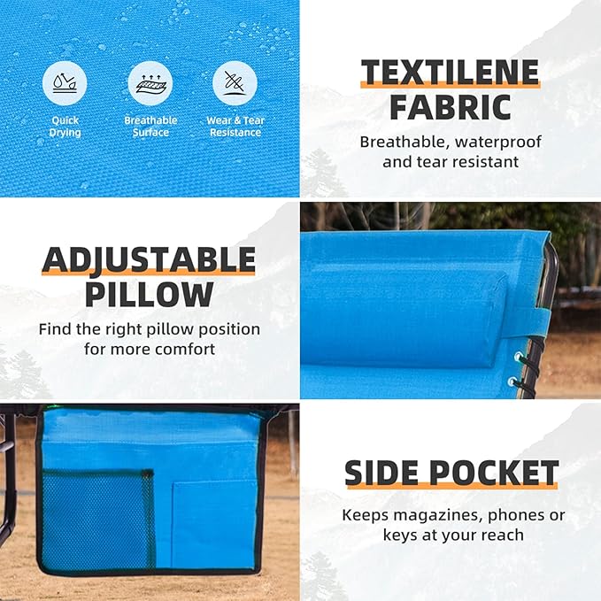 Folding Chaise Lounge Chair Bed Set of 2 - Heavy-Duty 400lb Capacity Portable Adjustable Recliner w/Pillow for Patio, Pool, Camping, Sunbathing - Lay Flat Design (Blue)