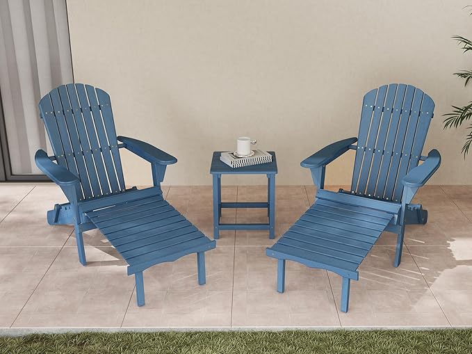 Set of 2 Outdoor Wooden Folding Adirondack Chair with Retractable Ottoman, Wood Patio Chair with Footrest for Garden Backyard Porch Pool Deck Firepit