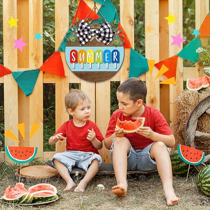 Boao 12 x 12 Inch Hello Summer Door Sign Ice Cream Welcome Summer Wreath Decor Beach Hanging Door Hanger Farmhouse Decorations for Wall Front Porch Decor(Ice Lolly)