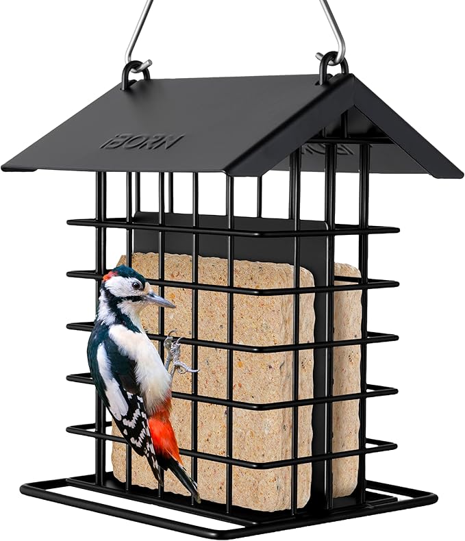iBorn Suet Feeder for Outside Hanging,Suet Bird Feeders for Outdoors,Suet Holder With Squirrel Proof Hanger Hook,Suet Cage Bird Feeders,Woodpecker Feeder,Weatherproof Metal Roof,All Metal,1 Pack,Black