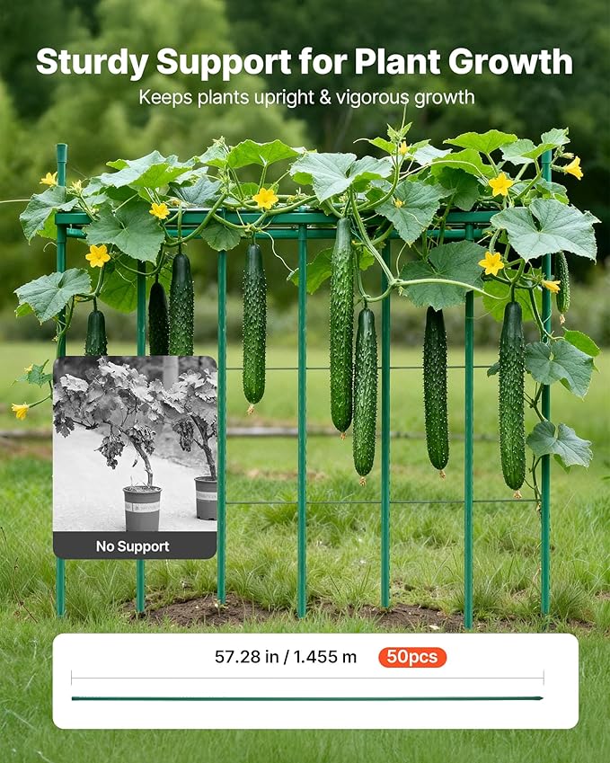 VEVOR Garden Stakes, 50 Pack, 57.28 inch, Plastic Coated Metal Tomato Stakes, Garden Sticks for Plants Support, with Pointed End and Non-Slip Bumps for Growing Climbing Plants, Outdoor Vegetables