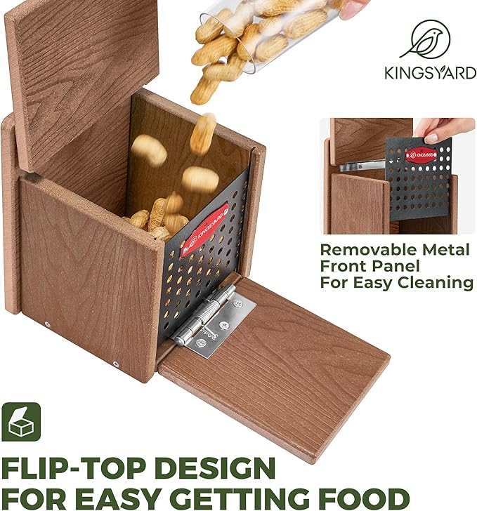 Kingsyard Squirrel Feeder Box for Outside, Recycled Plastic Squirrel Feeder with Removable Metal Front Panel & Perch, Easy to Fill & Clean, Weather-Proof Roof (Brown)