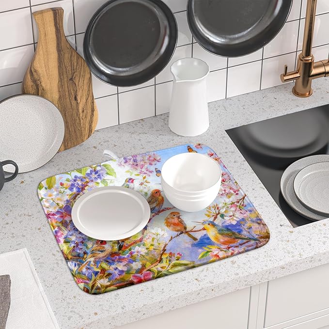 Spring Bird Dish Drying Mats for Kitchen Counter Floral Small Dish Drying Pad Season Decor