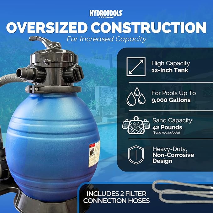 SWIMLINE HYDROTOOLS 12 Inch Pool Sand Filter Pump For Above Ground Inground Intex Bestway Pools | Complete System 1/3 HP (0.3 THP) Horsepower 1980 GPH Pumps | For Pools Up To 9000 Gallons | 71233
