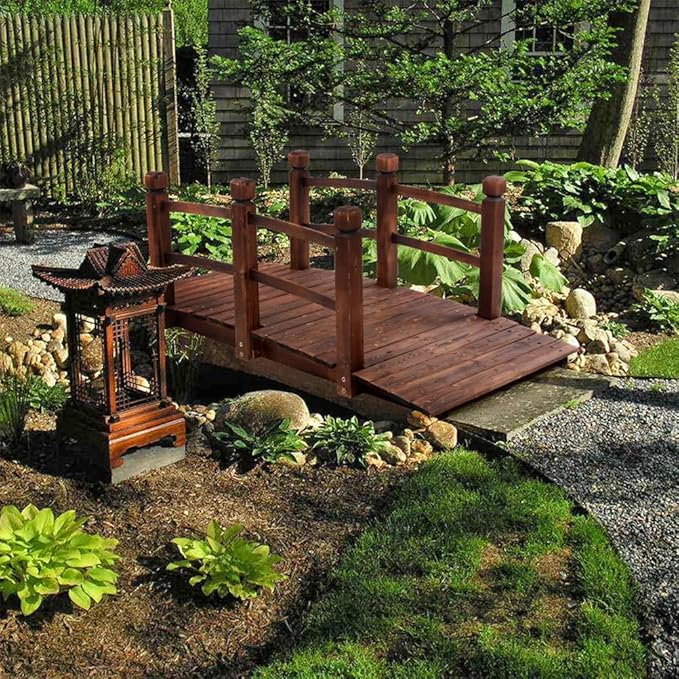5FT Wooden Garden Bridge with Railings, Carbonized Fir Wood Arch Footbridge, Decorative Outdoor Pond Bridge for Yard Garden Backyard Patio Farm, Brown