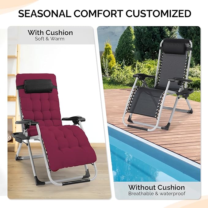 Bonnlo Padded Zero Gravity Chair, Lounge Chair Recliner Chair with Removable Cushion & Tray， Folding Reclining Patio Chairs， Recliner Chair for Lawn，Indoor and Outdoor