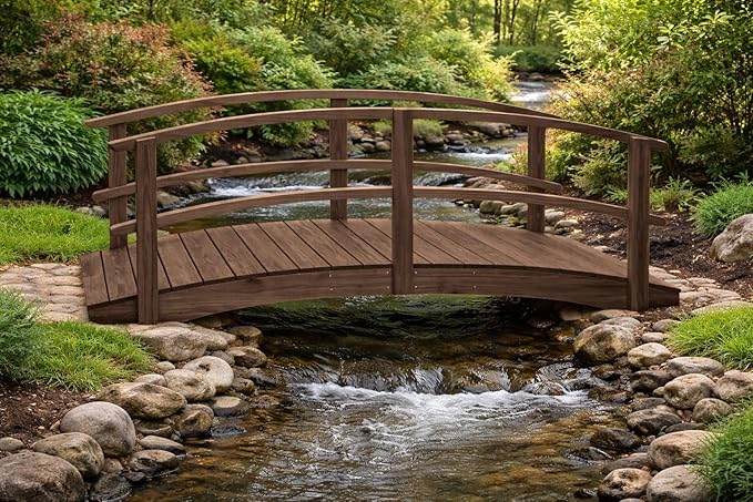 10 FT Walnut Amish Made Garden Bridge with Double Rails for Walkway, Backyard Pond & Landscaping, Outdoor Wooden Footbridge for Koi Pond, Japanese Style Decorative Bridge, Made in USA