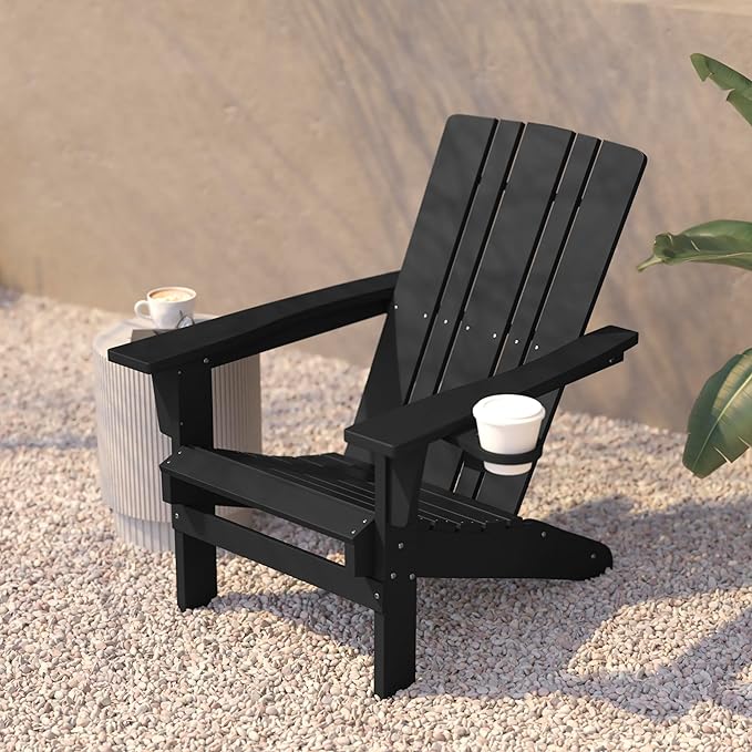Flash Furniture Halifax Adirondack Chair with Cup Holder, Weather Resistant Poly Resin Adirondack Chair, Black