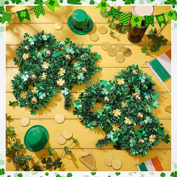 3 Pcs St. Patrick's Day Shamrock Tinsel Wreath 15.4" Large Irish Green Gold Lucky Clover Garland with Decorative Balls Thick Tinsel Hanging Decor for Front Door Outdoor Home Wall Window